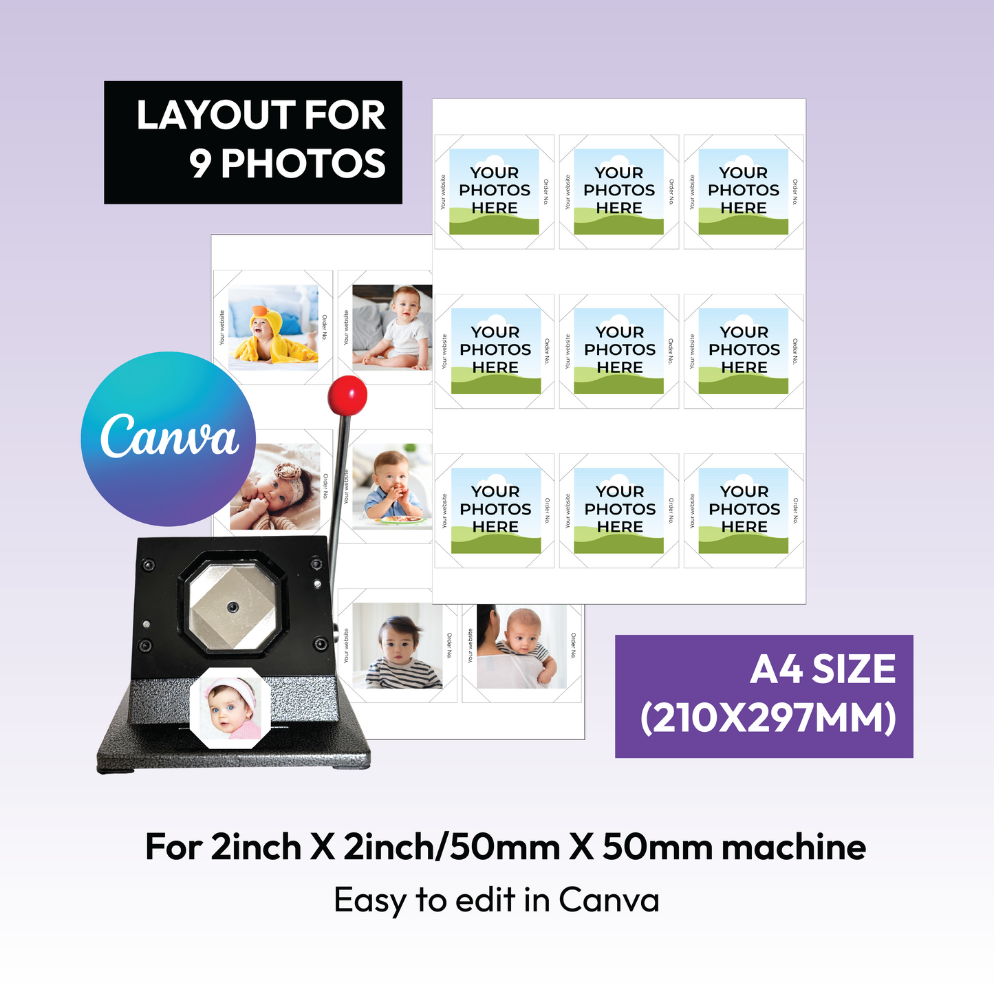 2x2 Square Fridge Magnet Template | For 9 Photos | Editable in Canva