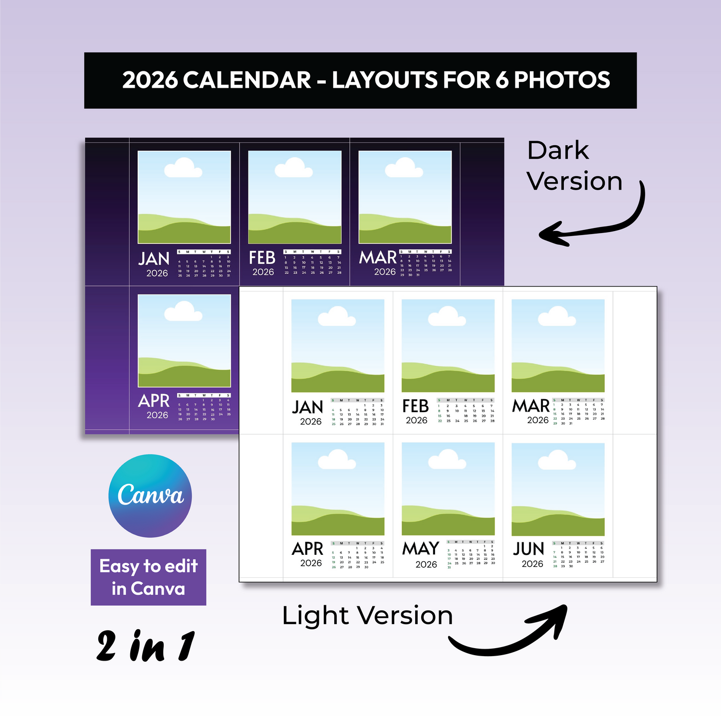 Calendar 2026 - Custom Photo Magnets Template 2026 - Fridge Magnet - Editable Canva Templates