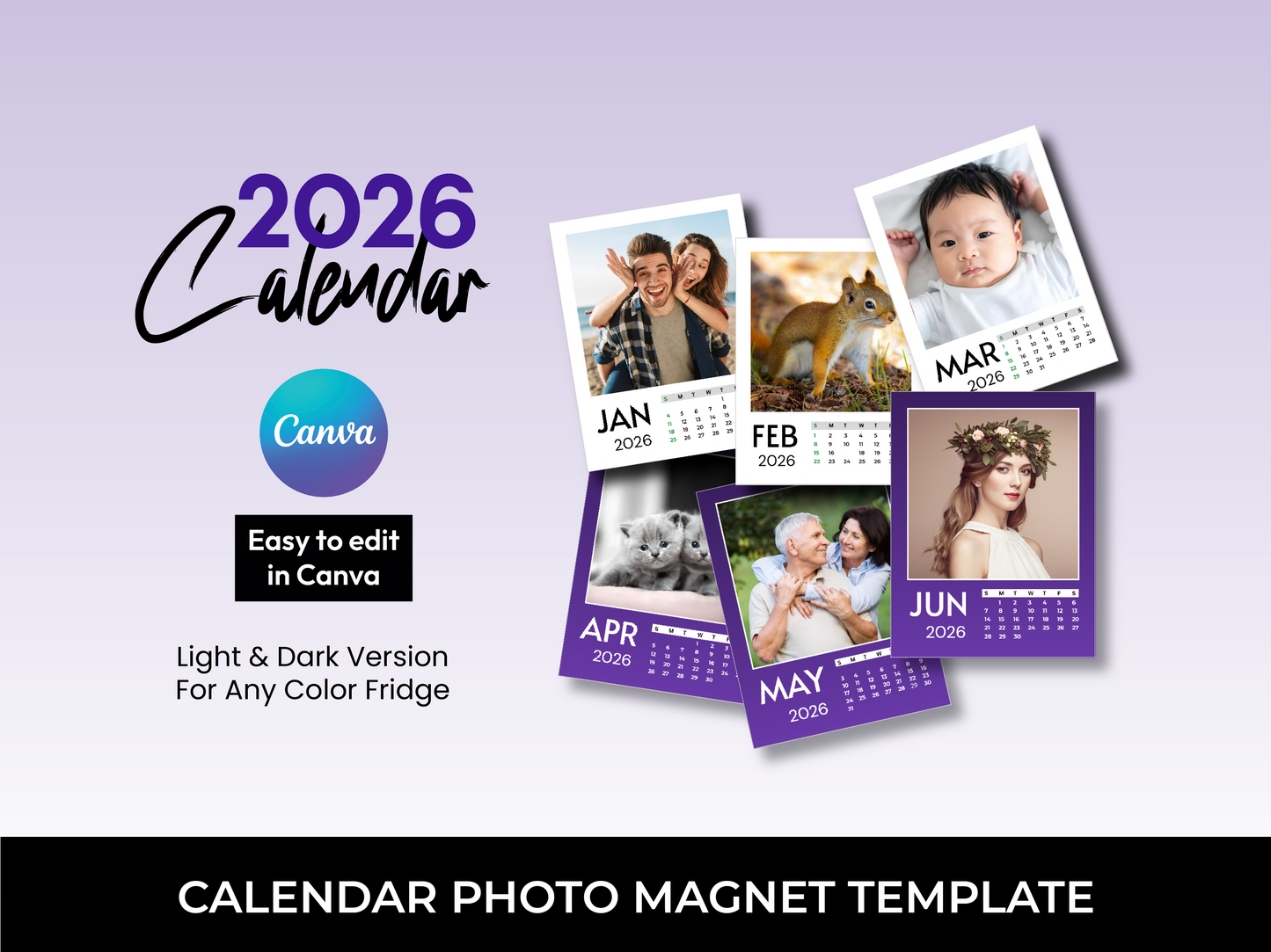 Calendar 2026 - Custom Photo Magnets Template 2026 - Fridge Magnet - Editable Canva Templates